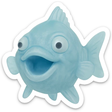 Make the fish even more transparent, with eyes going in different directions, keeping the clear bright blue color, hyper-detailed soft plastic 90's toy look, soft reflections, soft and squishy, some cloudiness, not shiny, hyper-realistic, retro, highly detailed, appealing. Remove the background. sticker