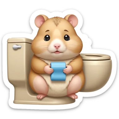 Cute chubby cartoon-style hamster sitting on toilet looking as if he had an accident, sticker-style illustration sticker