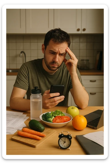  a man sits at his kitchen table, reviewing a food diary or nutrition app on his phone, with a perplexed look. Around him are healthy meal ingredients and a water bottle, but also subtle hints of stress (bills, work laptop) and lack of sleep (alarm clock showing late hour). The mood is thoughtful, highlighting the hidden factors behind weight. sticker