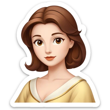 Cinematic Majestic Belle Portrait Emoji, rendered in a clean, vector-style with bold, simplified shapes. Show Belle with a serene, noble expression, fair skin and gracefully styled brown hair, her classic attire refined and understated. The design radiates a majestic, enchanting glow with high shine and a soft glowing outline, embodying royal elegance. sticker