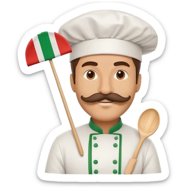 Paper fan with the design of an Italian man with a thick mustache, Italian flag colors, chef hat sticker