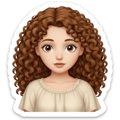 aesthetic white girl with medium brown long curly hair and black eyes  , cream flowy top sticker