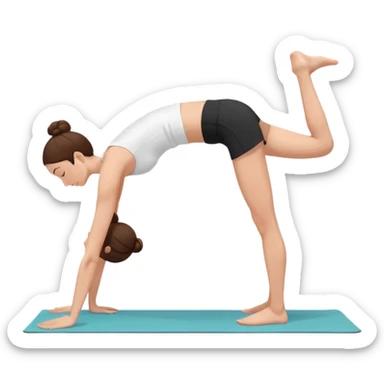 "Minimalist flat vector illustration of a woman doing yoga in forward fold pose (Uttanasana), wearing sportswear (white top and black shorts), brown hair in a bun, clean white background, no face details, elegant style" sticker