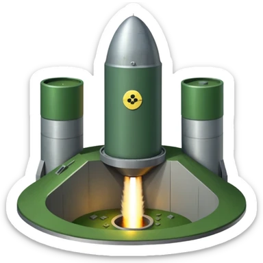 green landscape with sun in top of the background, there is a missile silo hatch open, and the top two thirds of a nuclear missile launching out of the silo is shown sticker