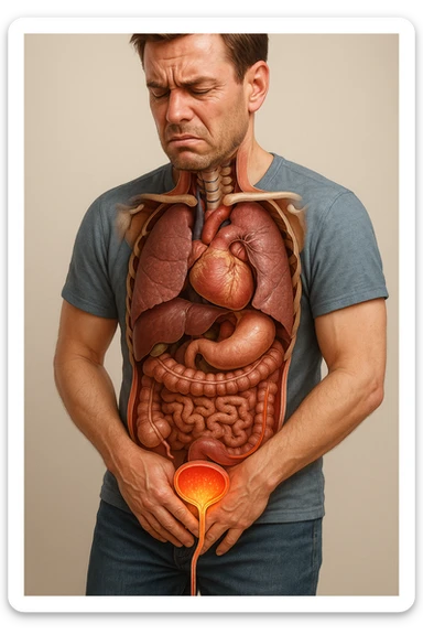 Vertical, hyper-realistic 3D cutaway illustration: uomo con difficoltà con cistite e problemi  sticker