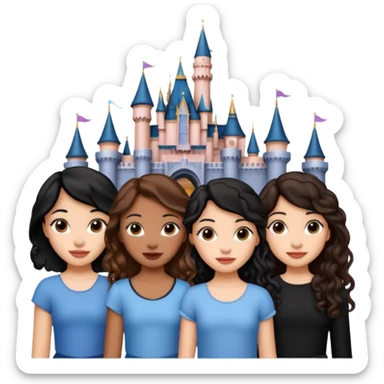 Quiero que crees una imagen donde este el castillo de Disney y por detrás o delante pon a 4 chicas: una con el pelo largo rizado marrón , otra con el pelo muy corto negro, como un chico, otra con el pelo mediano liso marrón y otra con el pelo negro largo liso  sticker