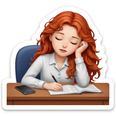 Pretty white model, brown eyes, soft long red wavy hair, falling asleep at desk sticker