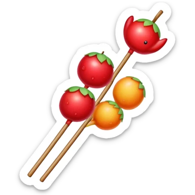 Sugar coated Chinese haws fruits crispy red snack, simplified emoji style with bold outlines and bright colors, cartoon style bingtang hulu on stick sticker