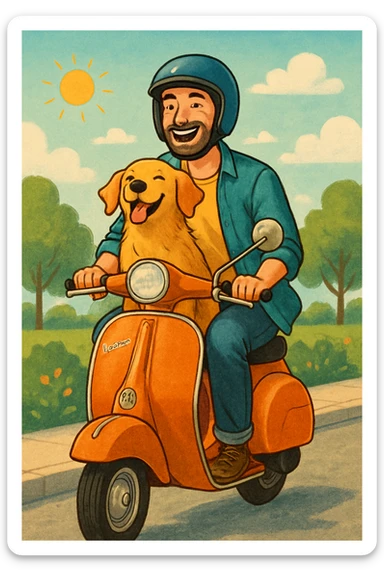 man and his pet dog riding a vespa sticker