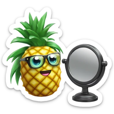 3D elegant pineapple🍍  with big shiny eyes 👀 pineapple holds mirror with its reflection 🪞🍍 sticker
