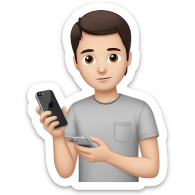 make a white guy with dark brown hair, with a simple white o grey shirt, repairing an iphone, un tecnico sticker