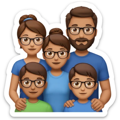 white European family standing together, man 1m80 with brown hair and beard, woman 1m60 with brown hair in bun and glasses, 10-year-old boy with short brown hair, 8-year-old girl with long brown hair, 6-year-old boy with short red hair, friendly emoji style sticker