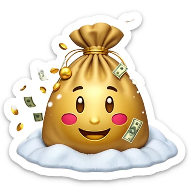 3D emoji style, money bag with dollar bills, New Year theme, snow particles, festive lighting, rich vibe, high detail, transparent background

 sticker