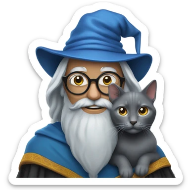 A wizard wearing glasses holding a Russian Blue cat. sticker