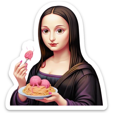 pop art goth neon Monalisa holding Melted pink gooey spam meat ball spaghetti  sticker