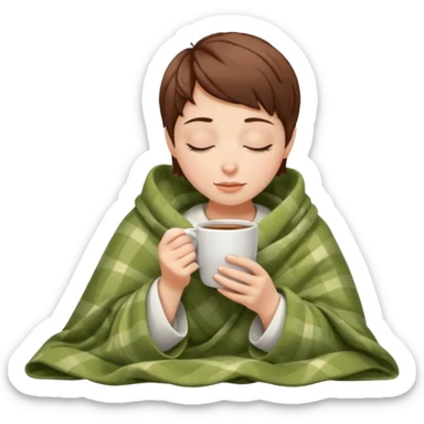 brown-haired pixie cut white girl inside a blanket sipping coffee eyes closed sticker
