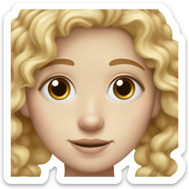 make a girl with pale skin and light freckles with one small dark freckle on the right side of her nose and one in the middle of her forehead. she has curly dirty blonde hair and blue eyes sticker