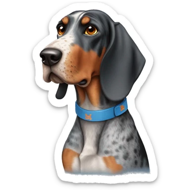 Blue tick coonhound wearing university Tennessee orange sticker