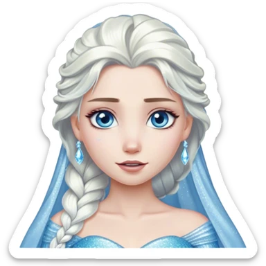 Cinematic Elegant Snow Queen Portrait Emoji, rendered in a realistic, vector-style with minimal shading and bold, simplified shapes. Depict Elsa (chest and above) with icy pale skin, long flowing platinum hair, and piercing blue eyes that exude quiet power, dressed in a shimmering ice-blue gown. The image glows with a soft, frosty radiance and high shine, capturing her ethereal, regal beauty. sticker