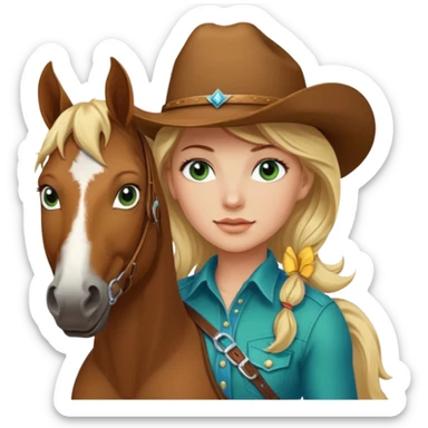 una cowgirl bionda con occhi azzurri/verdi sopra un quarter horse con criniera marrone sticker