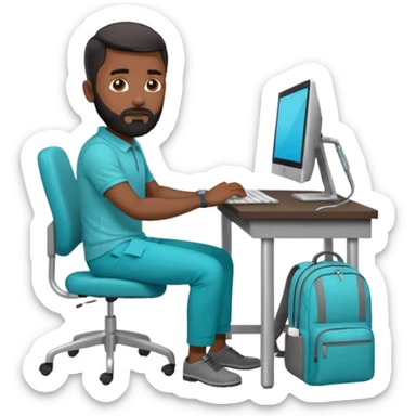 man with black short male hair and black hair and beard and hes in a office with his grey backpack on the floor and he has a tourquose polo shrit with gre dress pants and hes working at a hotel  hes on the co,ptuer  at his desk and he inly has one backpack its on the floo  WITH GREY PANTS sticker