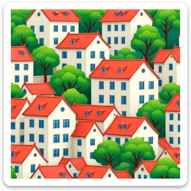 Qingdao European style buildings in Badaguan area with red roof and green trees, simplified emoji style with bold outlines and bright colors, cartoon style German architecture sticker