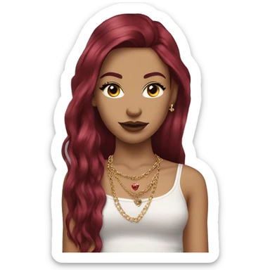 Pale girl with long burgundy hair, long eyelashes and has tattoos. She is wearing a crop top shirt and gold chain necklace and diamond earrings  sticker