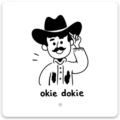 playful emoji of a cowboy tipping his hat, with the phrase 'okie dokie' in a handwritten style sticker