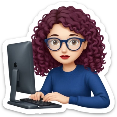 a european white young woman with very long wavy dark brown/chocolate hair with curls at the end of her long hair typing in a computer. she's using round glasses, her lips are light red and her cheeks slightly pink. Her eyes are dark brown. She's using a dark blue knit sweater  sticker