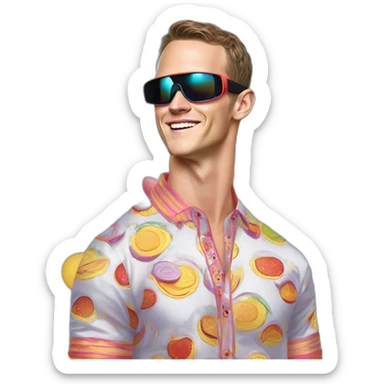 Fancy disco Jonathan Toews wearing rainbow lace shirt and wearing VR glasses and eating a moon pie sticker