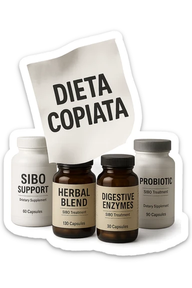 FOGLIO DI CARTA FLUTTUA IN ARIA CON LA SCRITTA "DIETA COPIATA", INSIEME A BARATTOLI DI INTEGRATORI PER CURARE IL SIBO IN ITALIANO, IPERREALISTICO 4K, NON DISEGNATO sticker