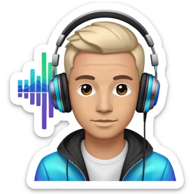 Electronic music DJ with headphones and colorful waveforms sticker