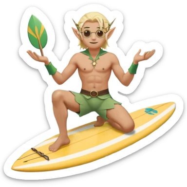 elf male legolas sitting on surfboard (ashore), hands manipulating two orbs of swirling seawater giving a "massage" to his own shoulders, wearing relaxed linen shorts over swimwear, tinted elven sunglasses, pointy ears, content expression, centered emoji sticker