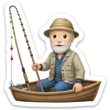 an old white haired, bearded man in fisherman attire, sat in a big boat on the ocean, holding one fishing rod in one hand, with the end of the fishing line touching the water sticker