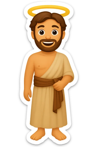 Create a centered full body image of apostle Peter in classic emoji style with lighter colors. He is shirtless, wearing plain robes, has an expressive face, smiling, with a halo, and no background. The style should reflect classic emoji aesthetics. sticker