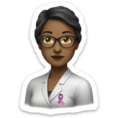 Dark haired woman with glasses and a cancer ribbon sticker