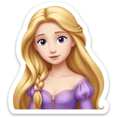 Cinematic Elegant Rapunzel Portrait Emoji, rendered in a realistic, vector-style with minimal shading and bold, simplified shapes. Depict Rapunzel (chest and above) with fair, porcelain skin, long, flowing golden hair cascading gracefully, and soft, gentle eyes, wearing her iconic light purple gown. The image glows with a soft, enchanting radiance and high shine, capturing timeless fairy-tale beauty. sticker