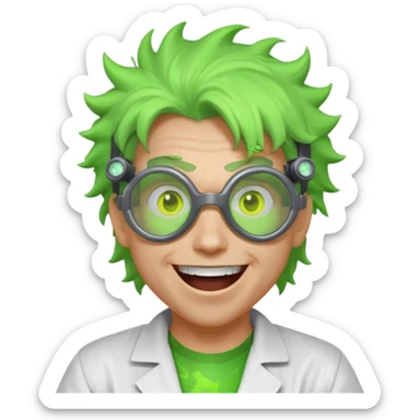 mad nuclear scientist portrait, head and shoulders only, messy hair, cracked goggles, glowing radioactive green light, excited crazy smile, 3D cartoon, mobile game icon style, clean background, no text, no watermark
 sticker