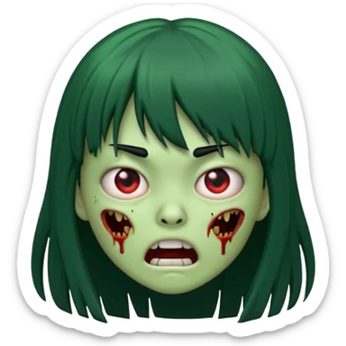 scary zombie emoji, green skin, long black hair with bangs, terrified expression sticker