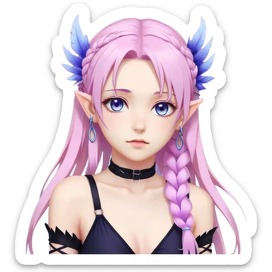 Gorgeous beautiful pretty grumpy anime lady long-pale-whitish-pastel-pink-hair with one braid on each side, hanging purple feather-ear-cuffs with pink tips in hair, black bodysuit, blue eyes, pink iris, ethereal, fashion aesthetic  sticker