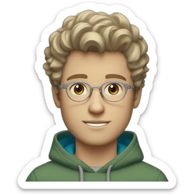 young white guy with wavy hair and a fade in light brown color and round silver color glasses with a grey hoodie on and blue green eyes sticker