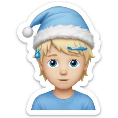 create boy blonde hair long messy, light eyes, white t shirt, rich, long hair, eyes blue, acessory head cristimas blue hat, fluffy hair sticker