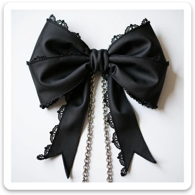 realistic black gothic bow with lace, dramatic pointed ends, ornate silver chains, transparent background sticker