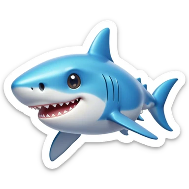 Cinematic Cute Shark Portrait Emoji, Head tilted playfully and inquisitively, featuring a glossy, streamlined body with a subtle shimmering hue and round, sparkling eyes filled with curious charm, Simplified yet irresistibly adorable features, highly detailed, glowing with a warm, friendly glow, high shine, affectionate and sleek, stylized with a touch of marine whimsy, bright and endearing, soft glowing outline, capturing the essence of a mischievous yet loving shark, so playful it feels like it could swim out of the screen into your arms! sticker