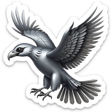 Emoji-style icon of a large metallic predatory bird flying, sharp wings, steel texture, dramatic pose, no gold no yellow sticker