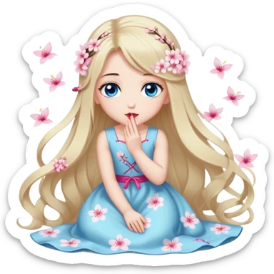 Turkish Girl with long blond hair and sakura accessories on her hair with a long tailed sakura dress on the ground and have blue eyes beautiful finish and she sending lovely kisses  sticker