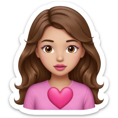 girl with long wavy brown hair, brown eyes, light to medium complexion, in a pink shirt, pink lips, long lashes, sexy , puckering, blushing, kissing a heart sexy sticker