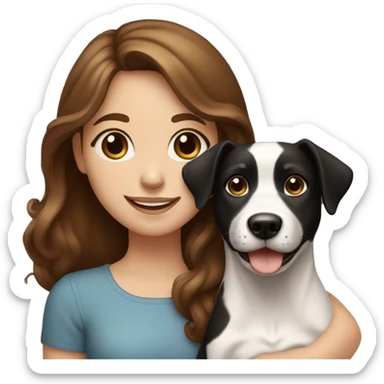 happy girl with brown hair blue eyes holding a black and white dog sticker
