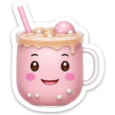 Cute Kawaii Boba Tea Cup, with a happy smiling face, chubby round shape, pastel pink and brown colors, soft glowing highlights, adorable tapioca pearls floating inside, sparkling eyes full of joy! sticker