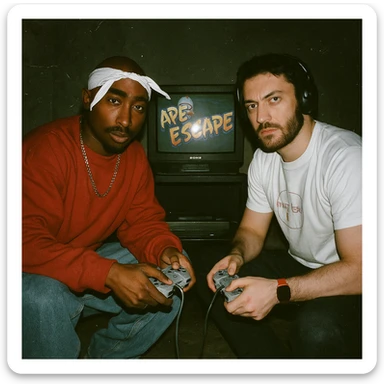 Create a grunge analog shot featuring a rapper in Tupac style (not recognizable) and the boy from the reference photo sitting on the floor. There is a 90s CRT TV with Ape Escape on Playstation 1 in a dimly lit room. Both hold Playstation 1 controllers and look at the camera with flash, creating a retro atmosphere. sticker